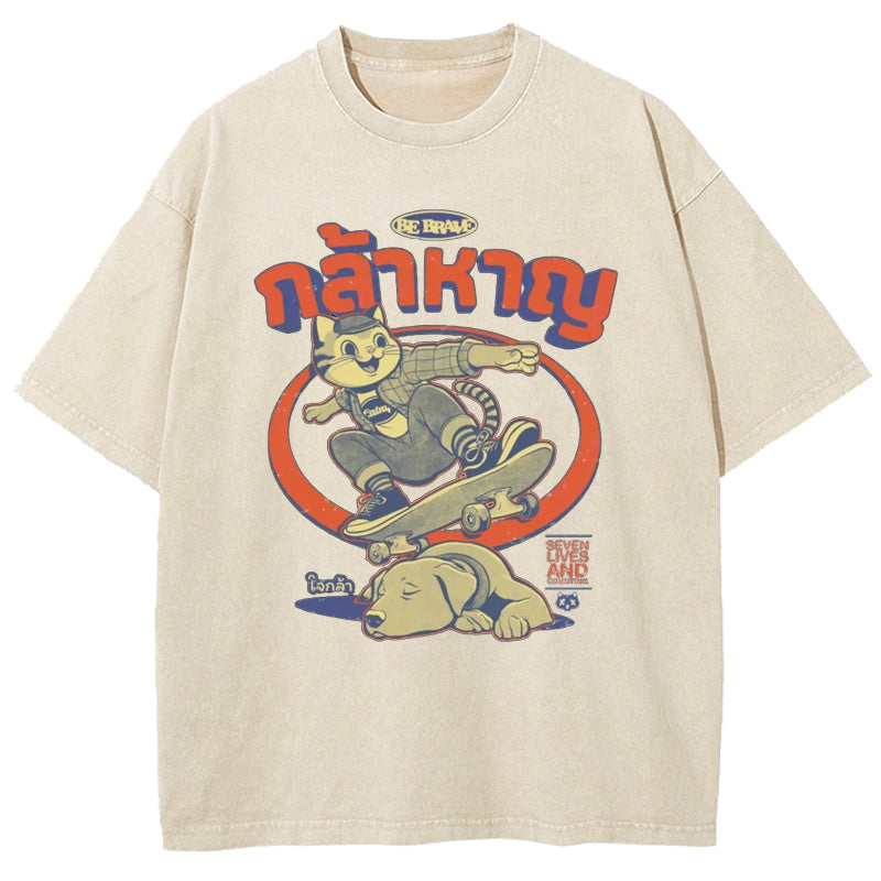 Skateboard Cat Washed T-Shirt