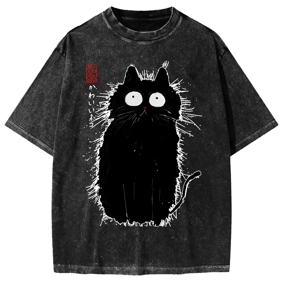 Black Cat With Puffed-Up Fur Vintage Washed T-shirt