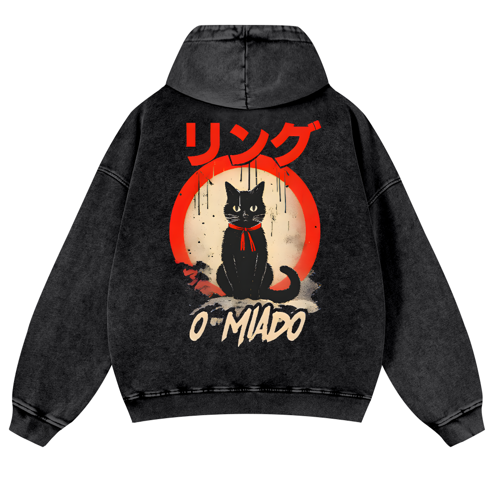 Black Cat Vintage Washed Cotton Back Art Hoodie