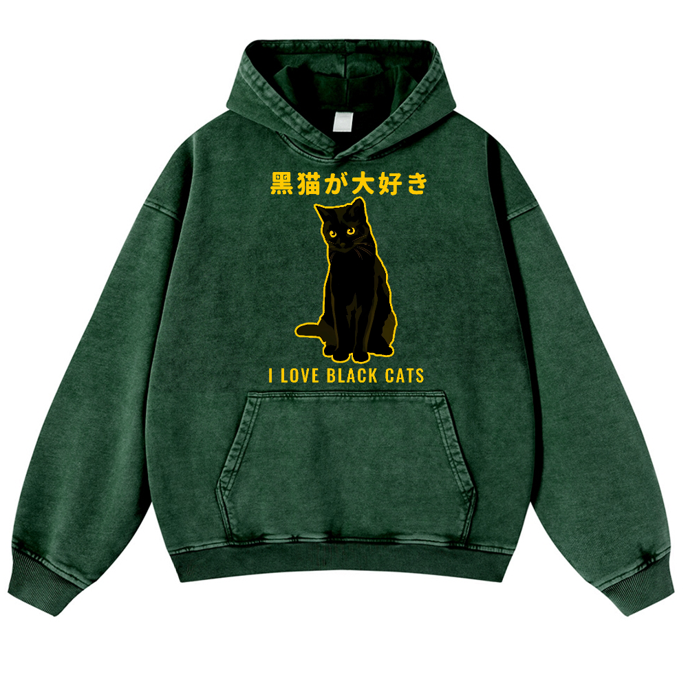 Black Cat Vintage Washed Thick Cotton Hoodie