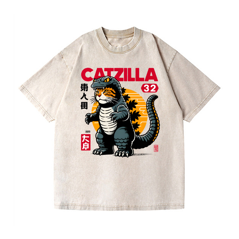 Cat Godzilla Vintage Wash Japanese Design T-Shirt