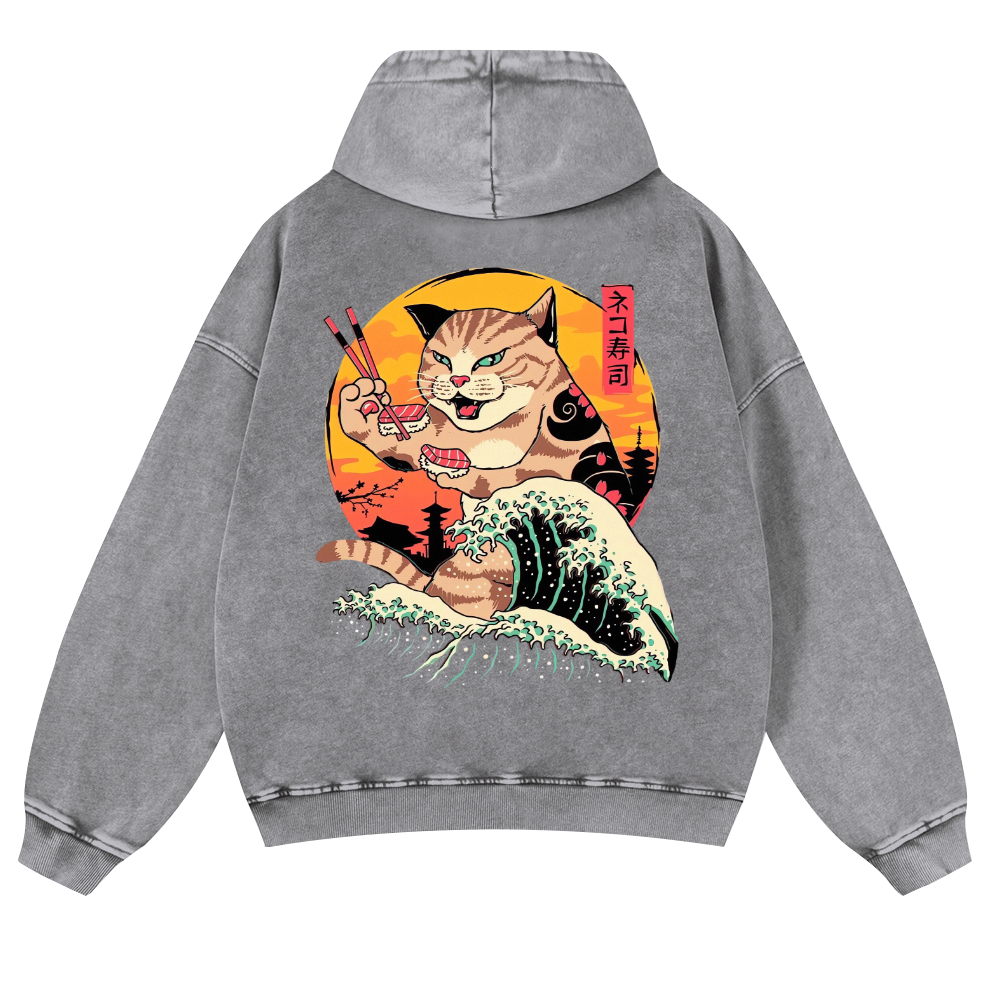 Ukiyoe Cat Vintage Washed Cotton Back Art Hoodie
