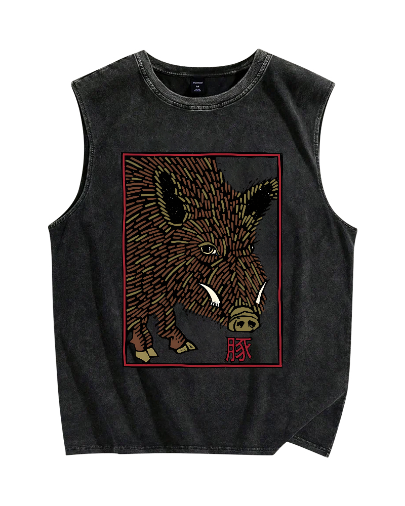 Woodcut Pig Vintage Distressed Washed Tank Top