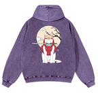 Samurai Cat Vintage Washed Cotton Back Art Hoodie