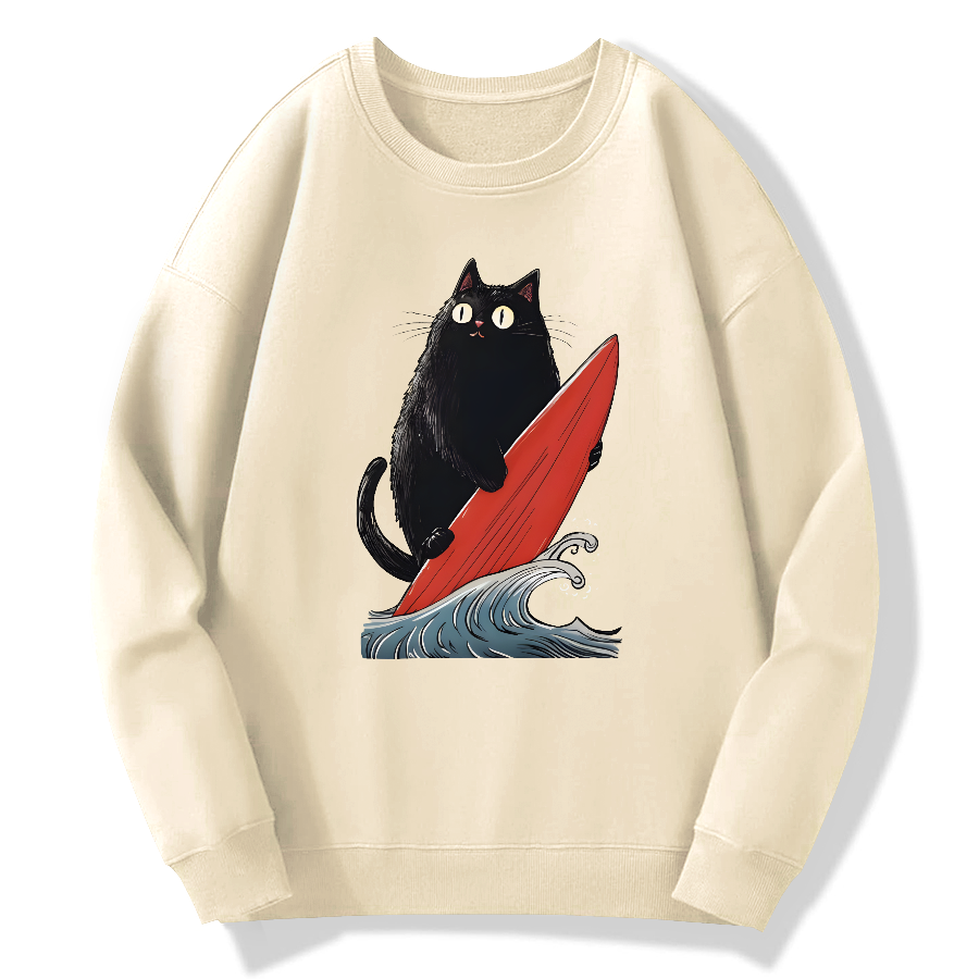 Black Cat Surfer Cotton Pullover Sweatshirt