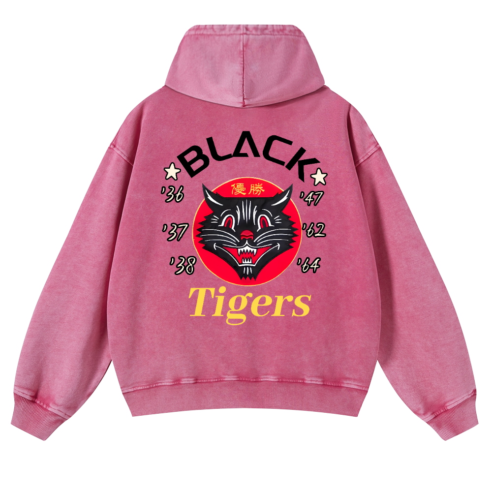 Black Cat Vintage Washed Cotton Back Art Hoodie
