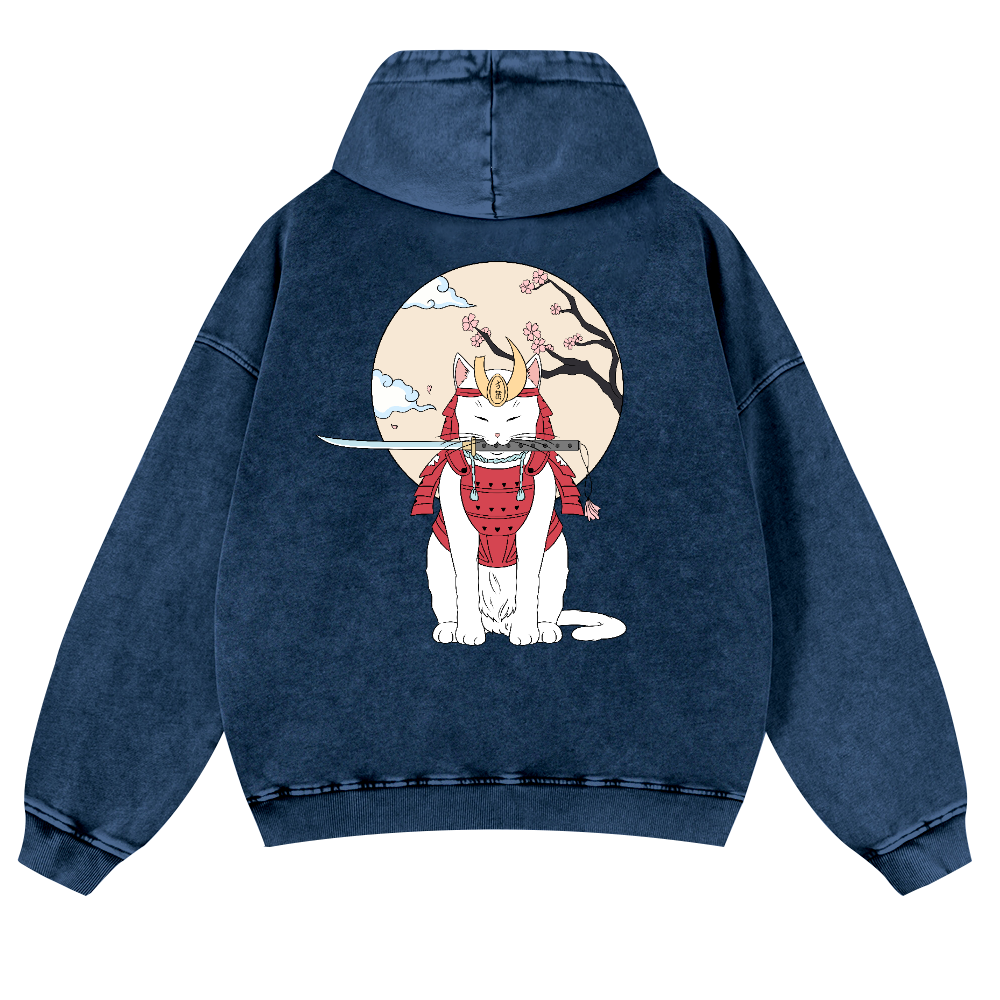 Samurai Cat Vintage Washed Cotton Back Art Hoodie