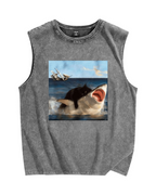 Cat Biting Shark Vintage Distressed Washed Tank Top