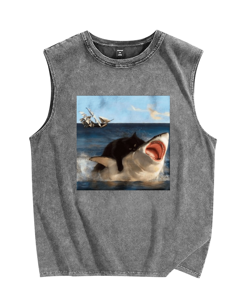 Cat Biting Shark Vintage Distressed Washed Tank Top