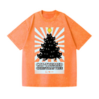 Cat-Themed Christmas Tree Vintage Wash Japanese Design T-Shirt