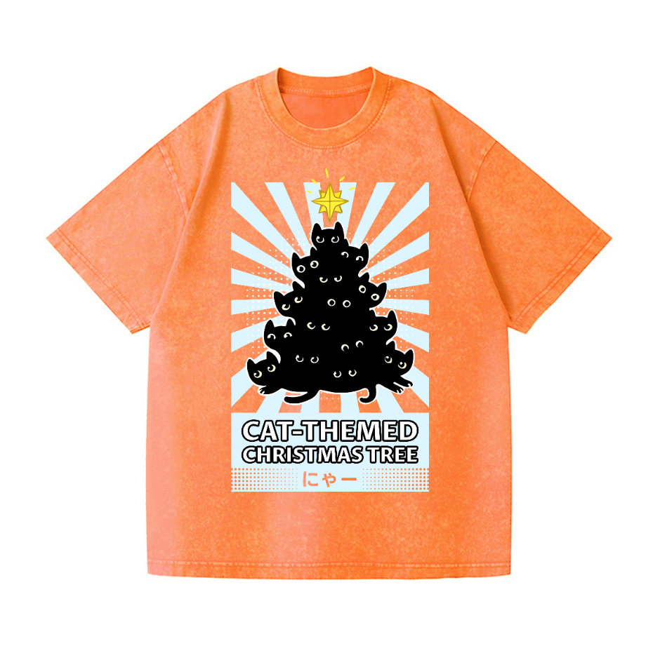 Cat-Themed Christmas Tree Vintage Wash Japanese Design T-Shirt