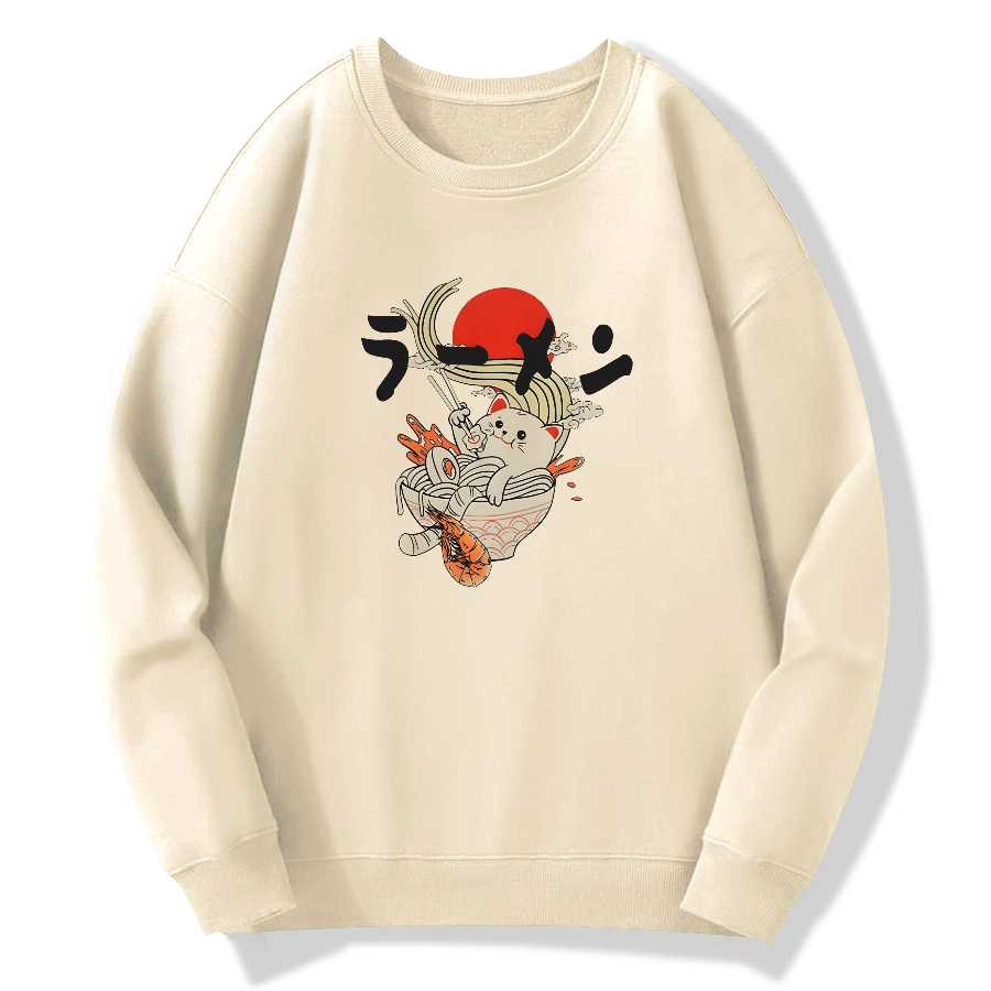 Lamian Noodles and Cat Art Cotton Pullover Sweatshirt