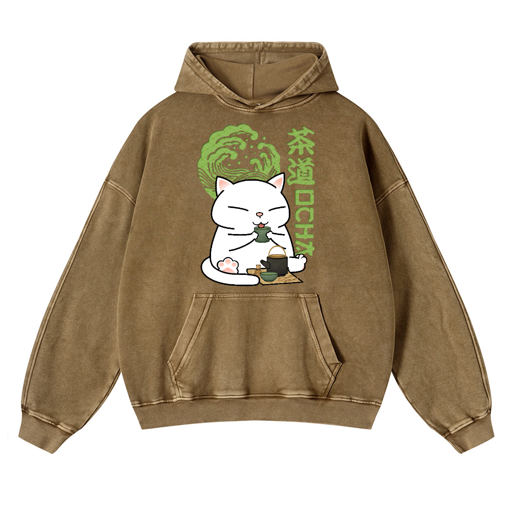 Tea Cat Vintage Washed Thick Cotton Hoodie