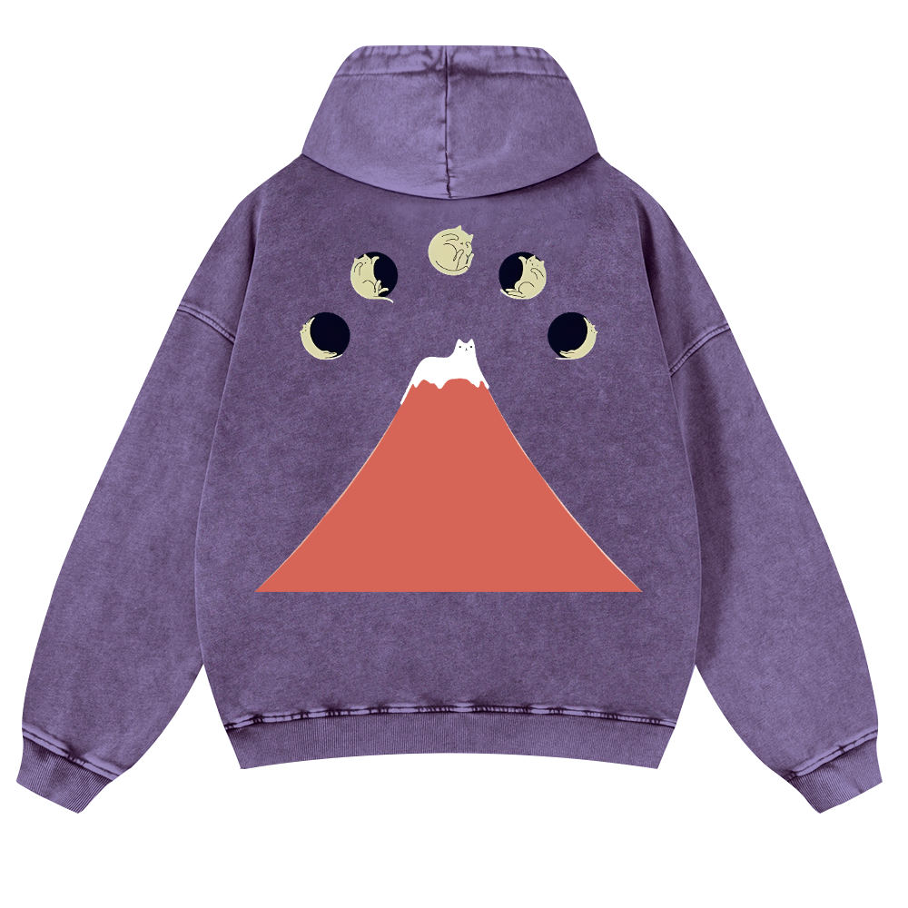 Mount Fuji Cat Moon Vintage Washed Cotton Back Art Hoodie
