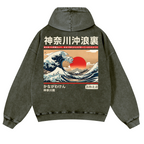 Kanagawa Ukiyo-e Great Wave Vintage Washed Cotton Back Art Hoodie