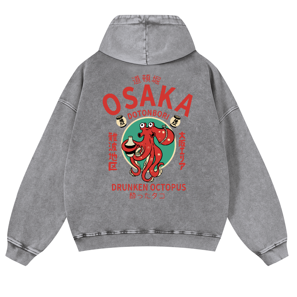 Osaka Dotonbori Drunken Octopus Vintage Washed Cotton Back Art Hoodie