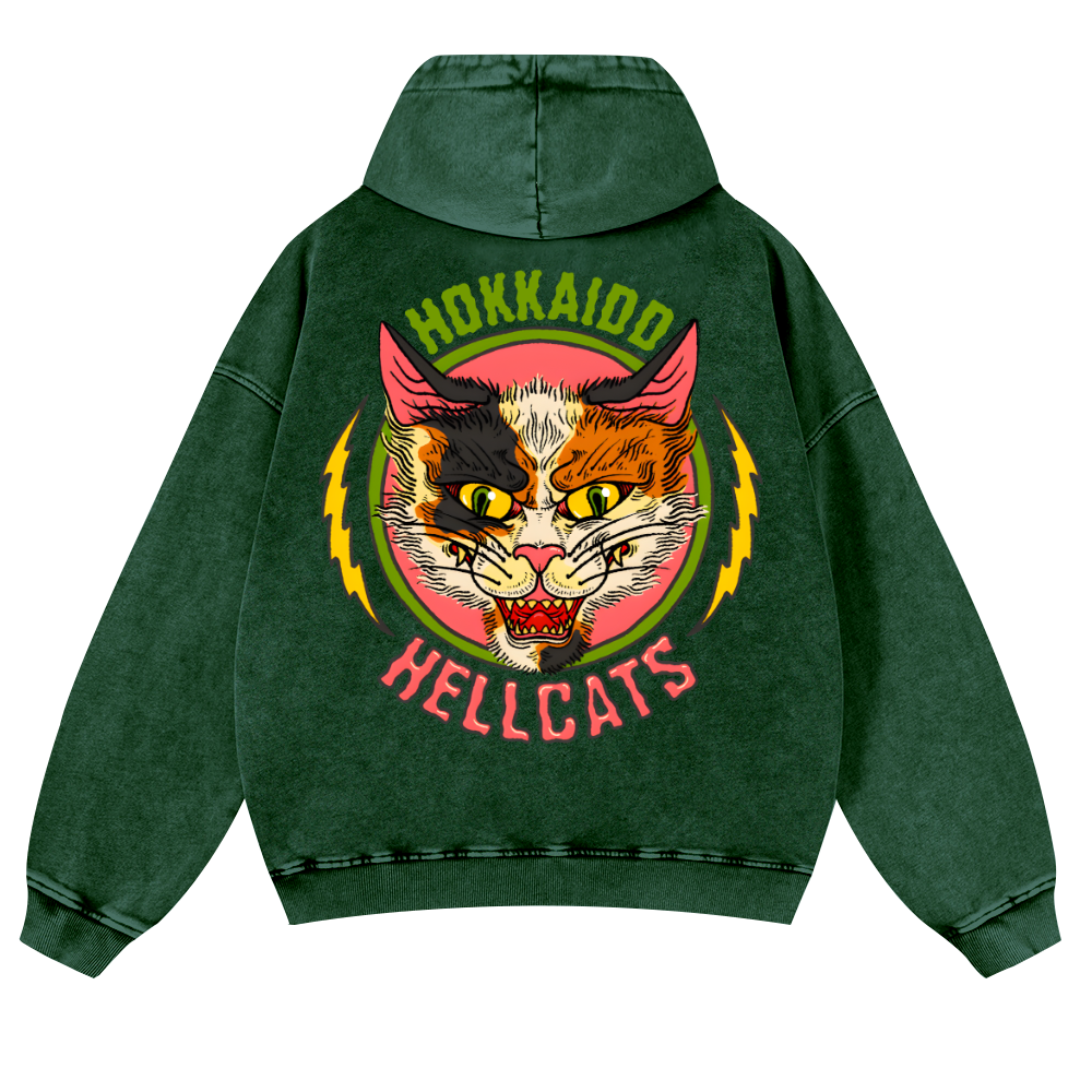 Hokkaido Hellcats Cat Vintage Washed Cotton Back Art Hoodie