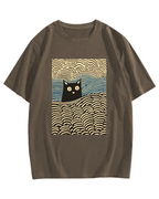 Wave Japanese Cat Art Cotton Casual T-shirt