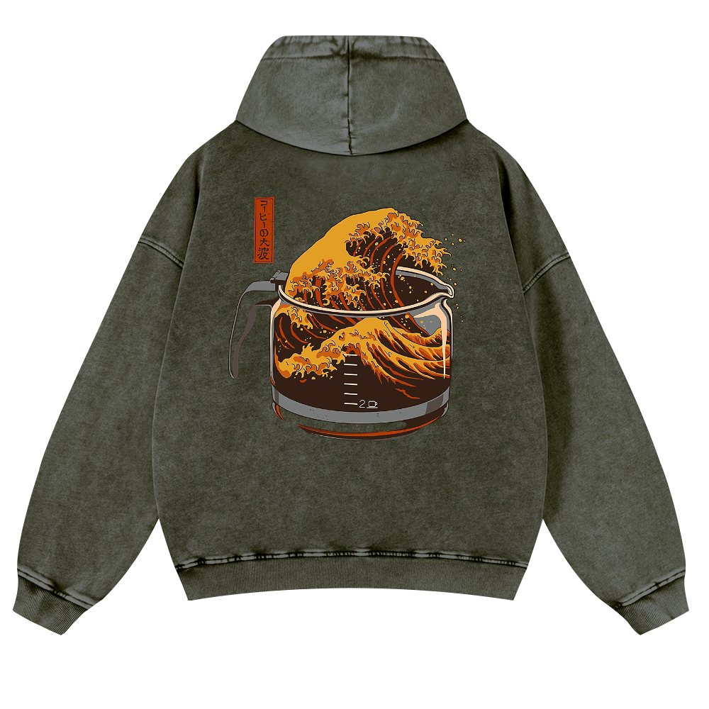 Coffee Wave Ukiyoe Vintage Washed Cotton Back Art Hoodie