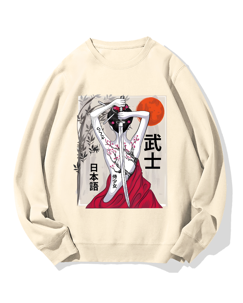 Japanese Samurai Girl Scenery Vintage Sakura Cotton Sweatshirt