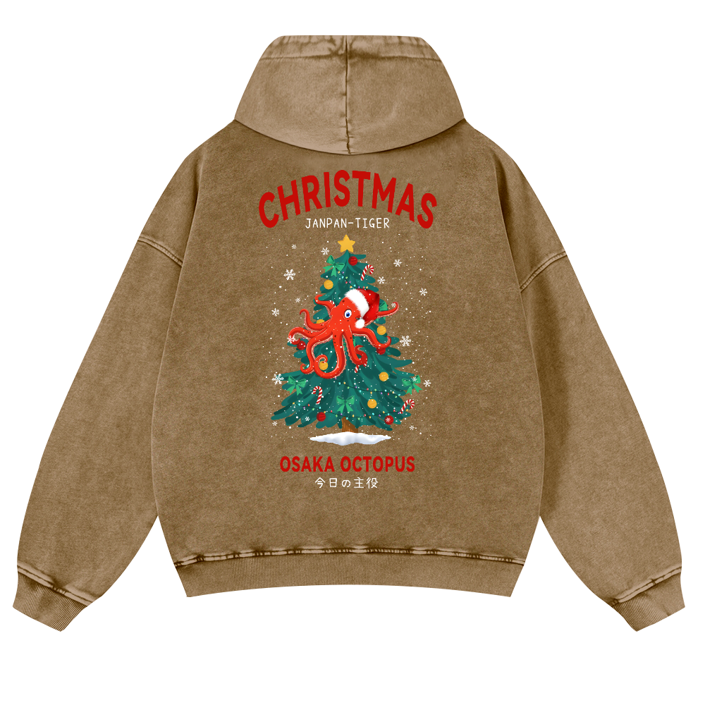 Christmas Osaka Octopus Vintage Washed Cotton Back Art Hoodie