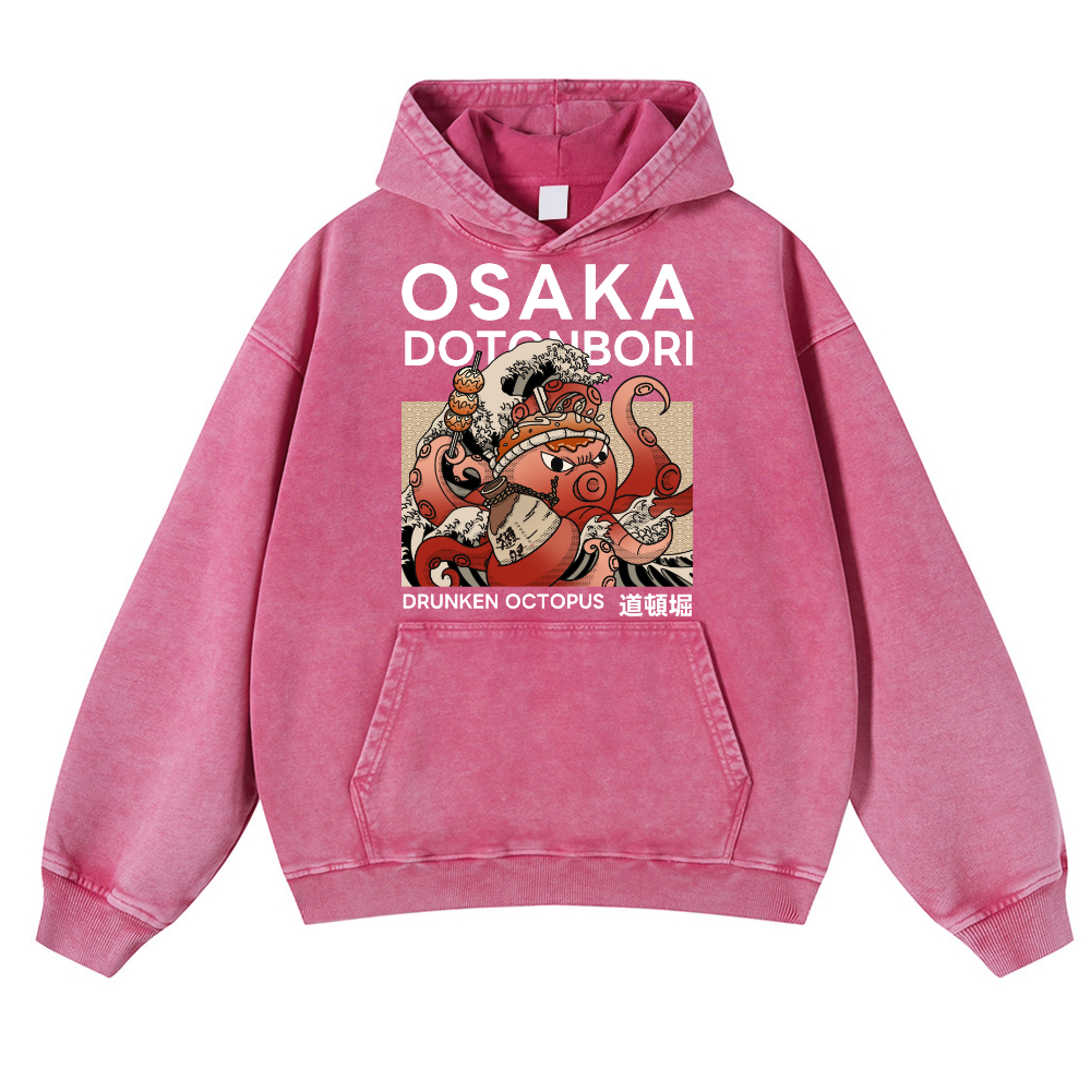 Osaka Dotonbori Drunken Octopus Vintage Washed Thick Cotton Hoodie