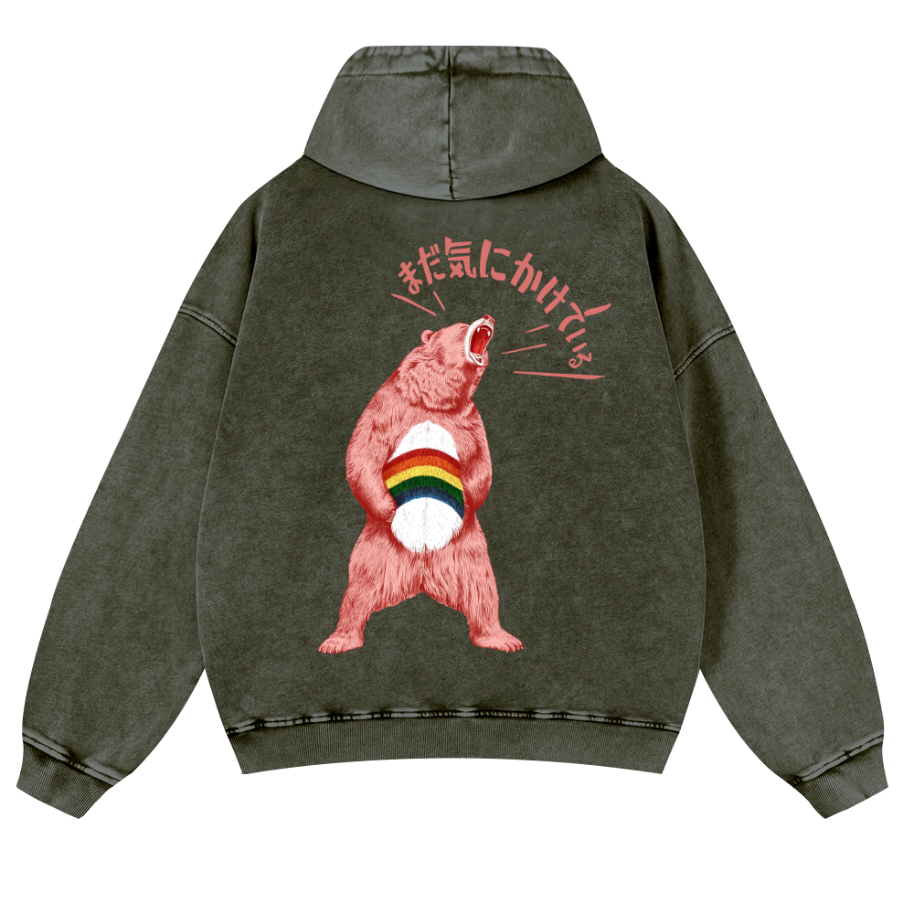 Bear Vintage Washed Cotton Back Art Hoodie