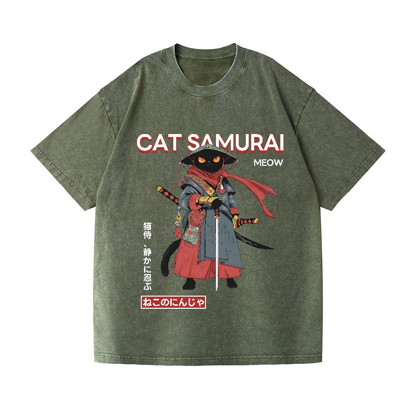 Cat Samurai Vintage Wash Japanese Design T-Shirt