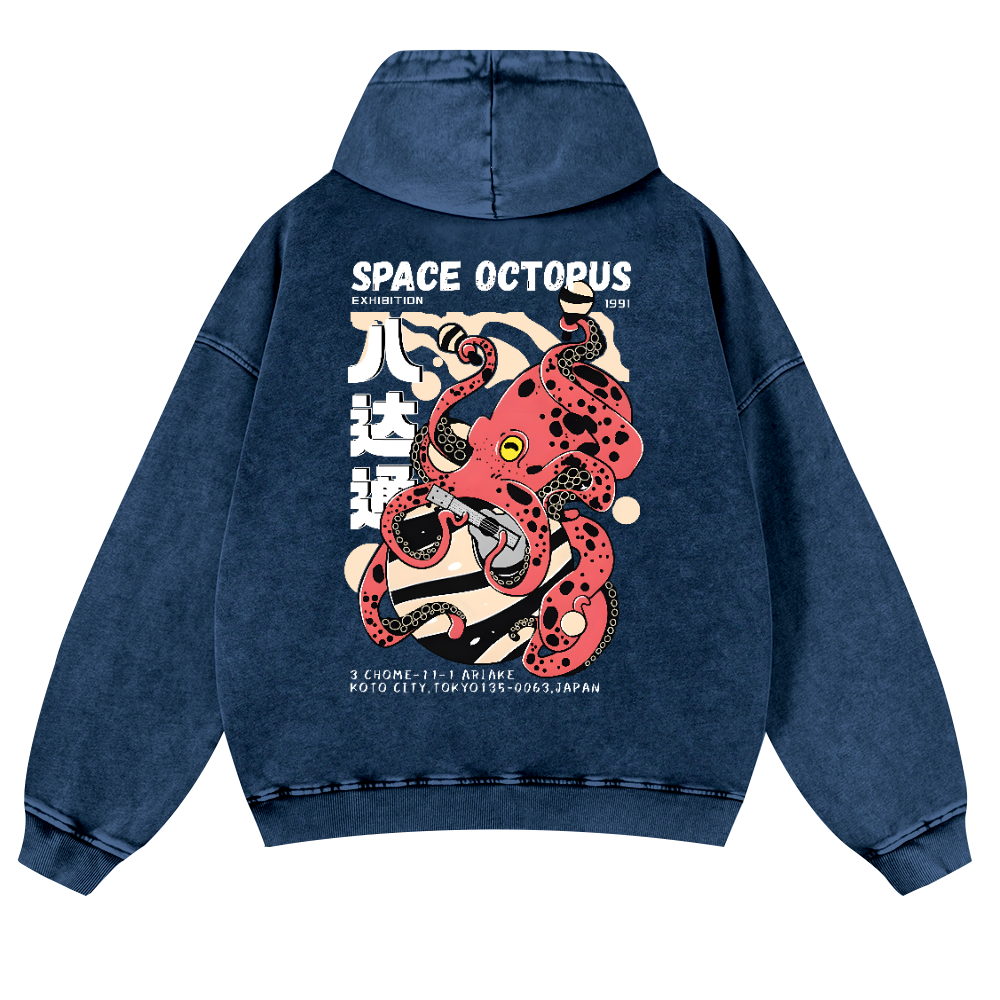 Space Octopus Vintage Washed Cotton Back Art Hoodie