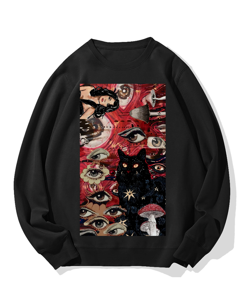 Psychedelic Black Cat Cotton Sweatshirt