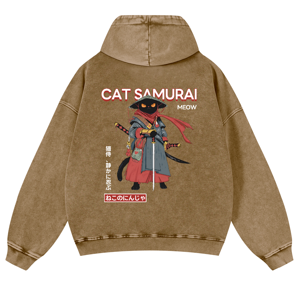 Cat Samurai Vintage Washed Cotton Back Art Hoodie