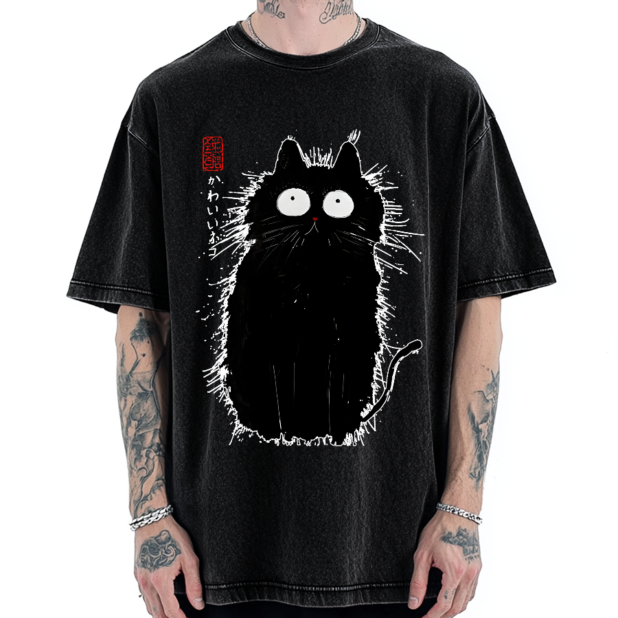 Black Cat With Puffed-Up Fur Vintage Washed T-shirt