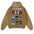Japanese Trains Vintage Washed Cotton Back Art Hoodie