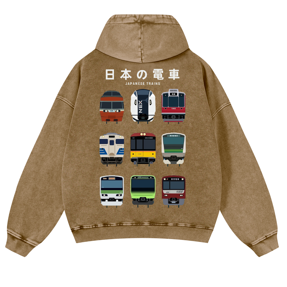 Japanese Trains Vintage Washed Cotton Back Art Hoodie