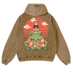 Cat And Frog Vintage Washed Cotton Back Art Hoodie