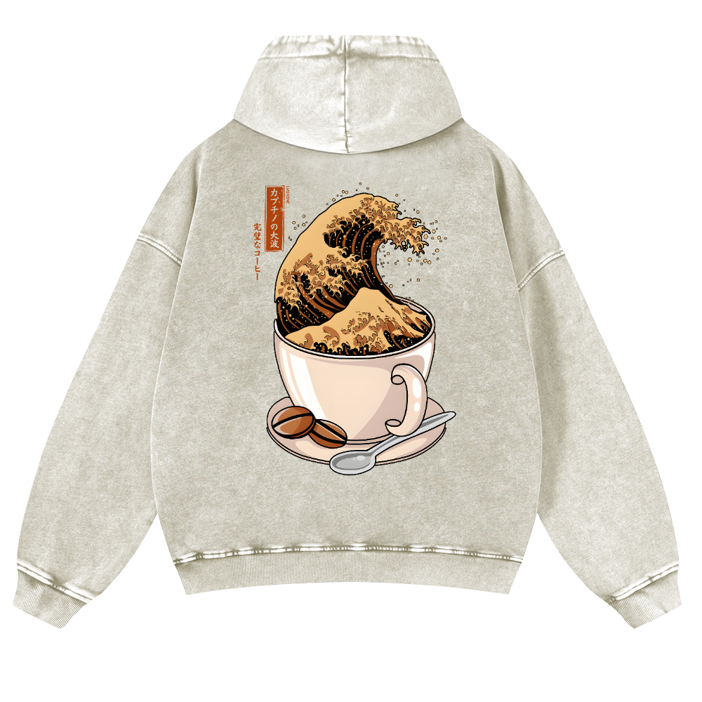 Coffee Wave Vintage Washed Cotton Back Art Hoodie