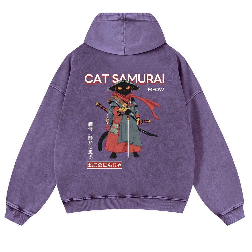 Cat Samurai Vintage Washed Cotton Back Art Hoodie