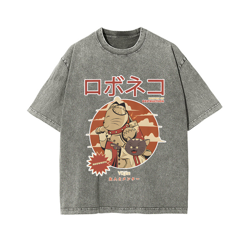 Cat Robot Vintage Wash Japanese Design T-Shirt