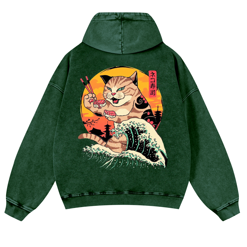 Ukiyoe Cat Vintage Washed Cotton Back Art Hoodie