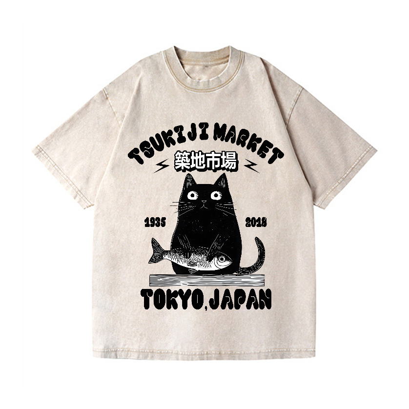 Tsukiji Market Cat Vintage Wash Japanese Design T-Shirt