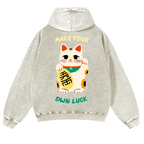 Lucky Cat Vintage Washed Cotton Back Art Hoodie