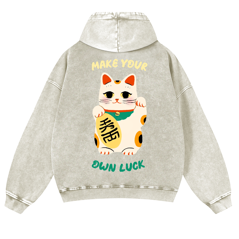 Lucky Cat Vintage Washed Cotton Back Art Hoodie