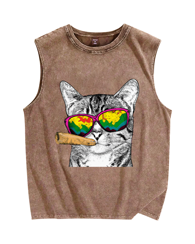 Smoking Cat Vintage Distressed Washed Tank Top