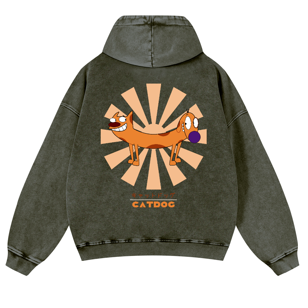 Catdog Vintage Washed Cotton Back Art Hoodie