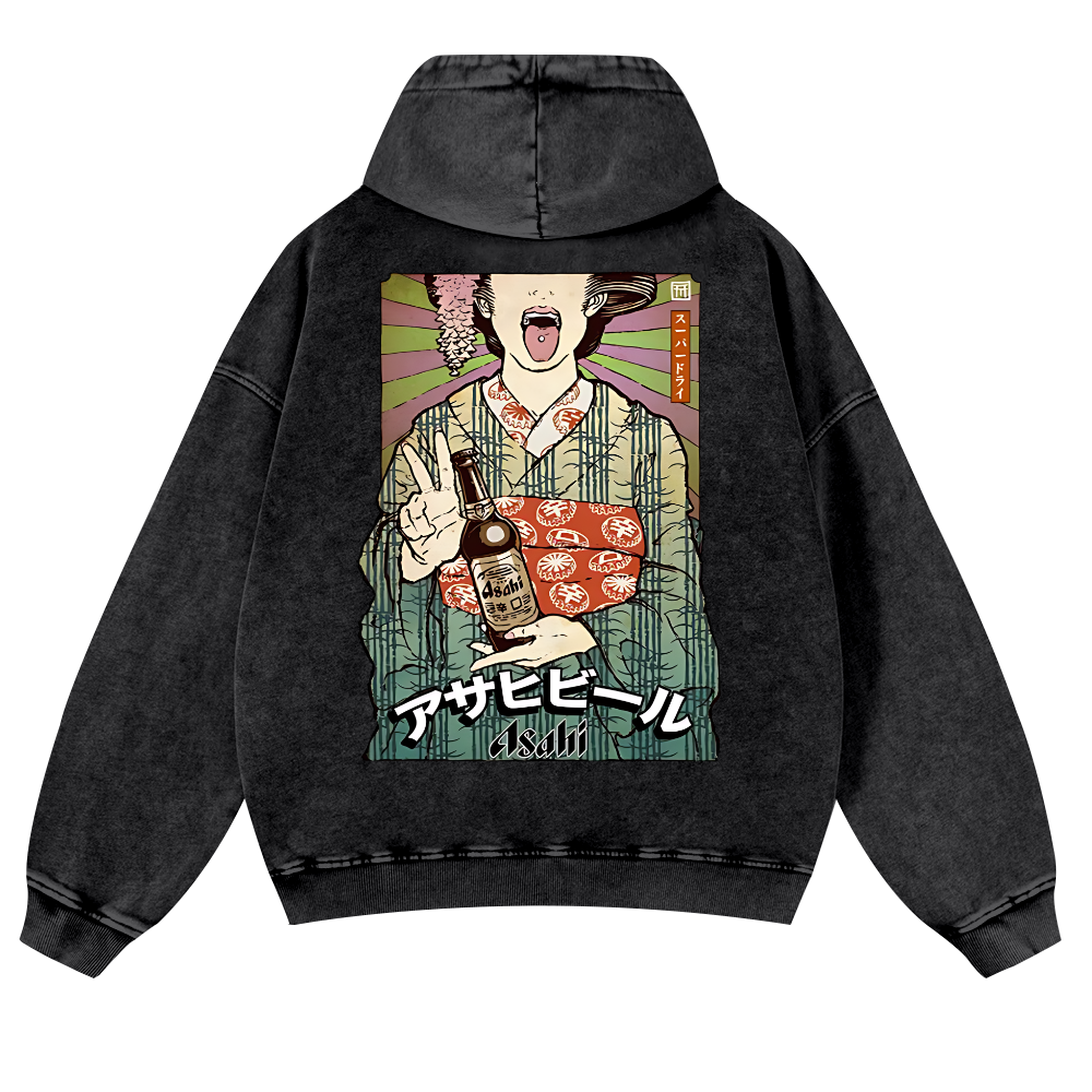 Asahi Beer Geisha Vintage Washed Cotton Back Art Hoodie