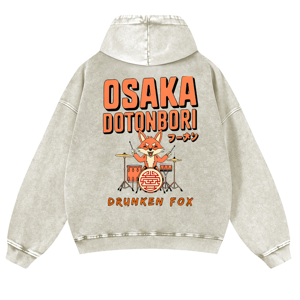 Osaka Dotonbori Drunken Fox Vintage Washed Cotton Back Art Hoodie