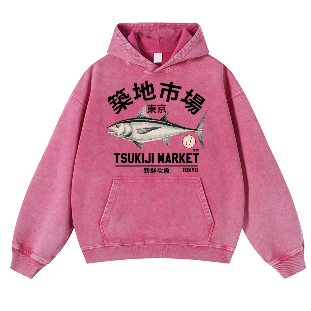 Tsukiji Tuna Fish Market Vintage Washed Thick Cotton Hoodie