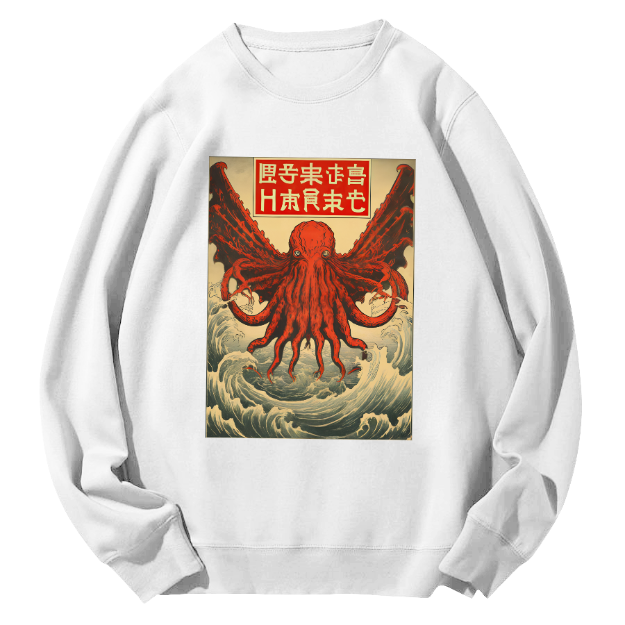 Unisex The Japanese style octopus monster in the huge waves Round Neck Sweatshirt