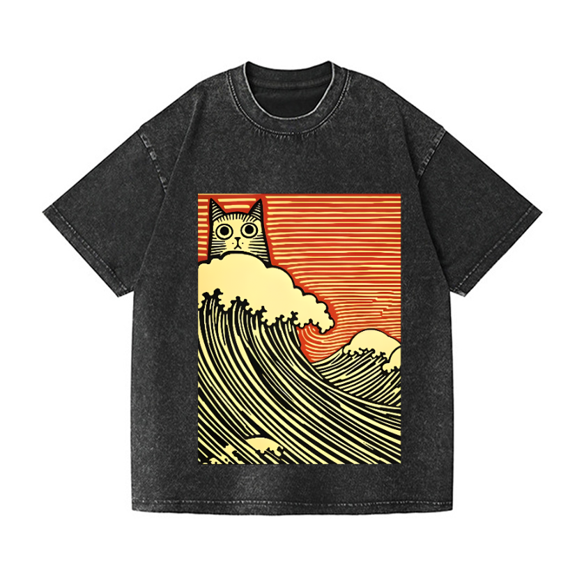 Cat Wave Vintage Wash Japanese Design T-Shirt