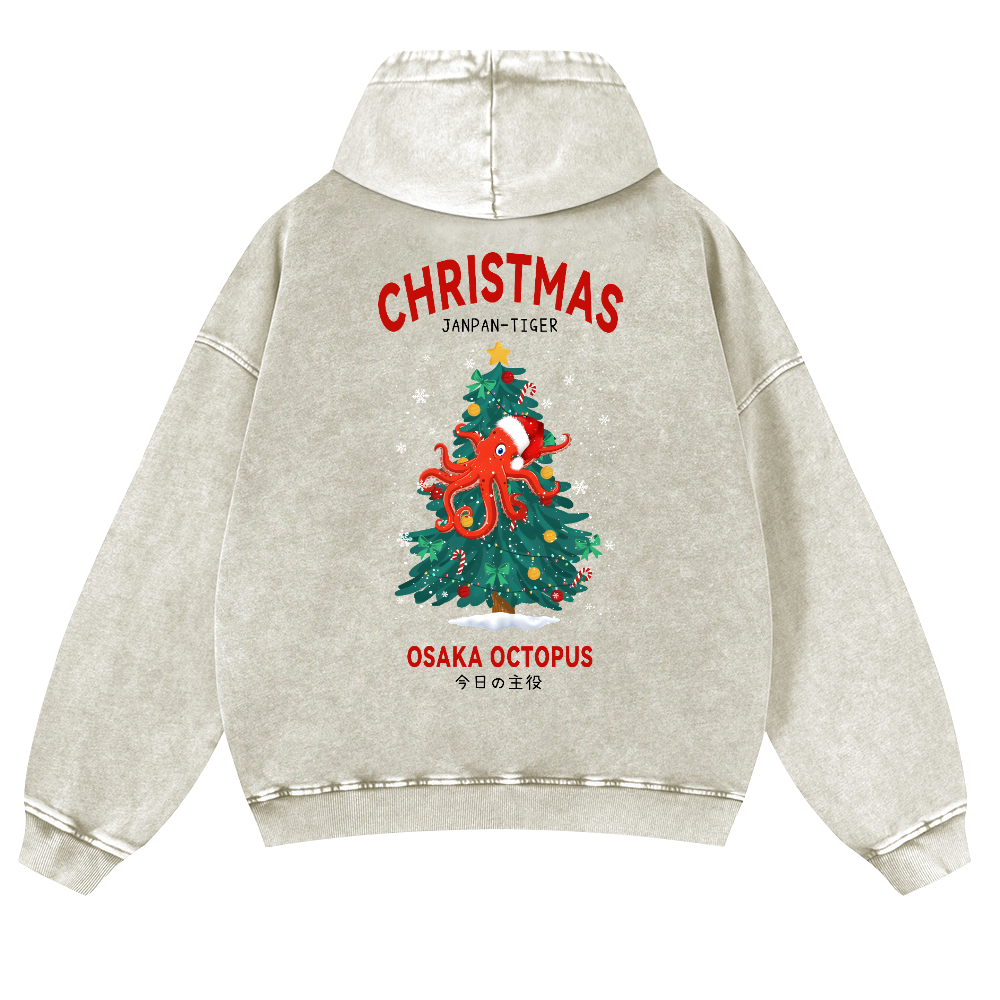 Christmas Osaka Octopus Vintage Washed Cotton Back Art Hoodie